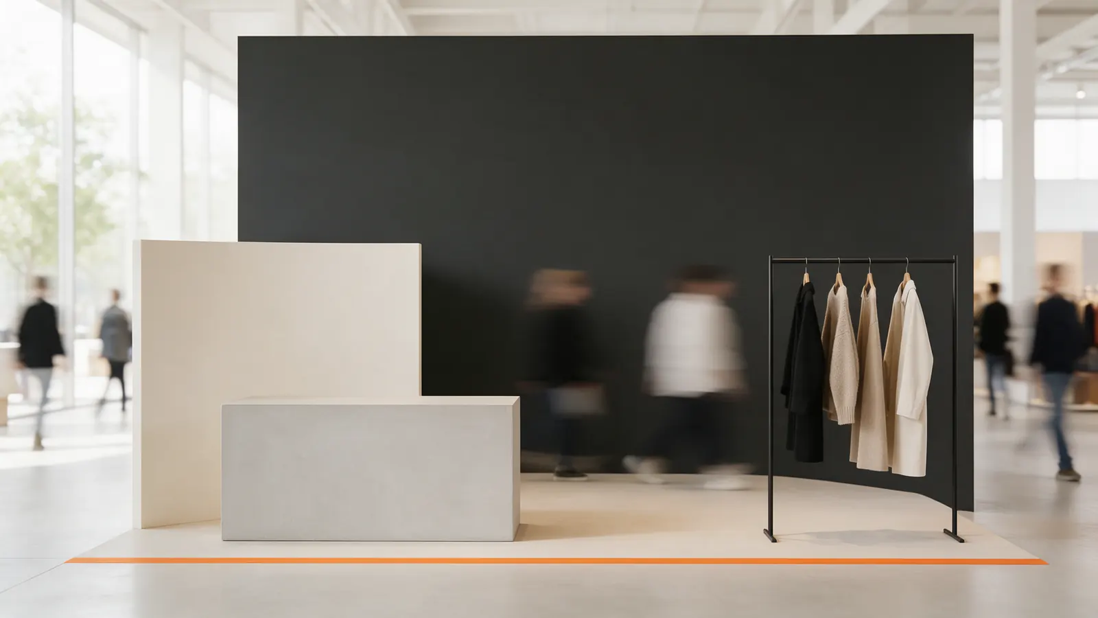 An exhibition booth: a black back wall carrying the WAVELINE lockup and a process line, a concrete counter and a sample rail.