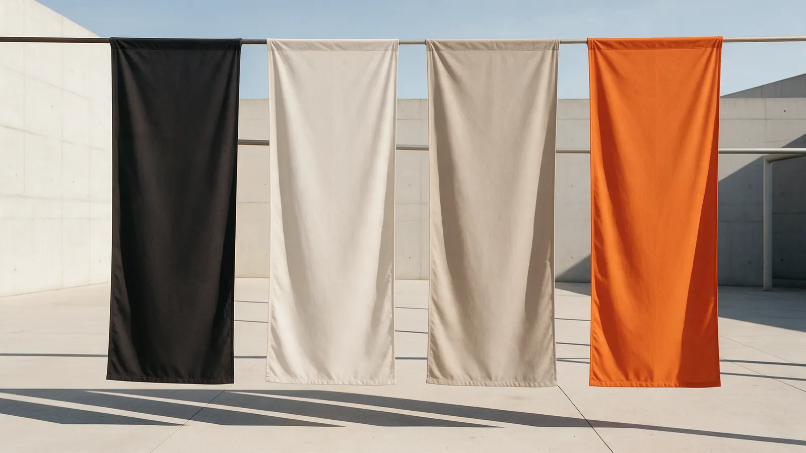 Four hanging flags in black, off-white, stone and orange carrying the wordmark and the W mark.