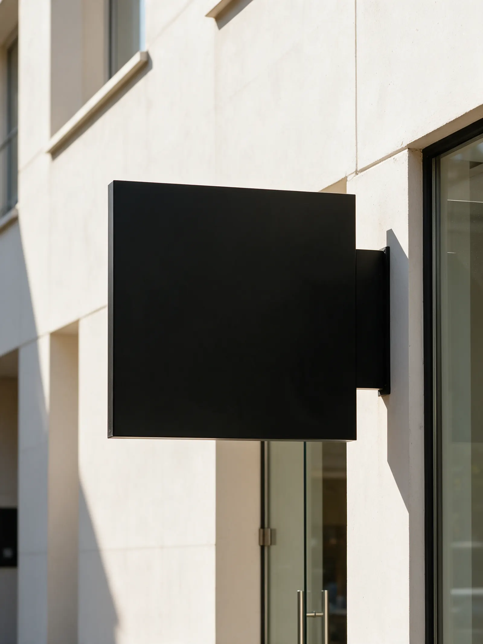 A black blade sign with the W mark on a sunlit concrete facade.