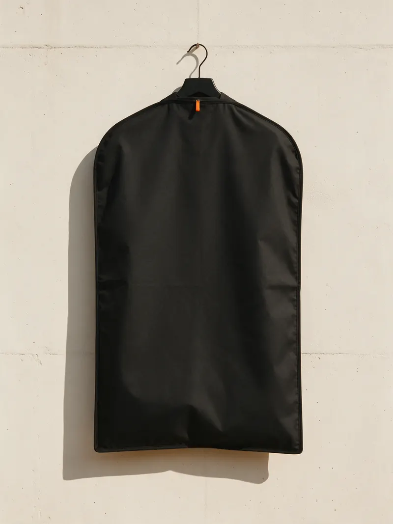 A black garment bag with an orange zip pull carrying the W mark.