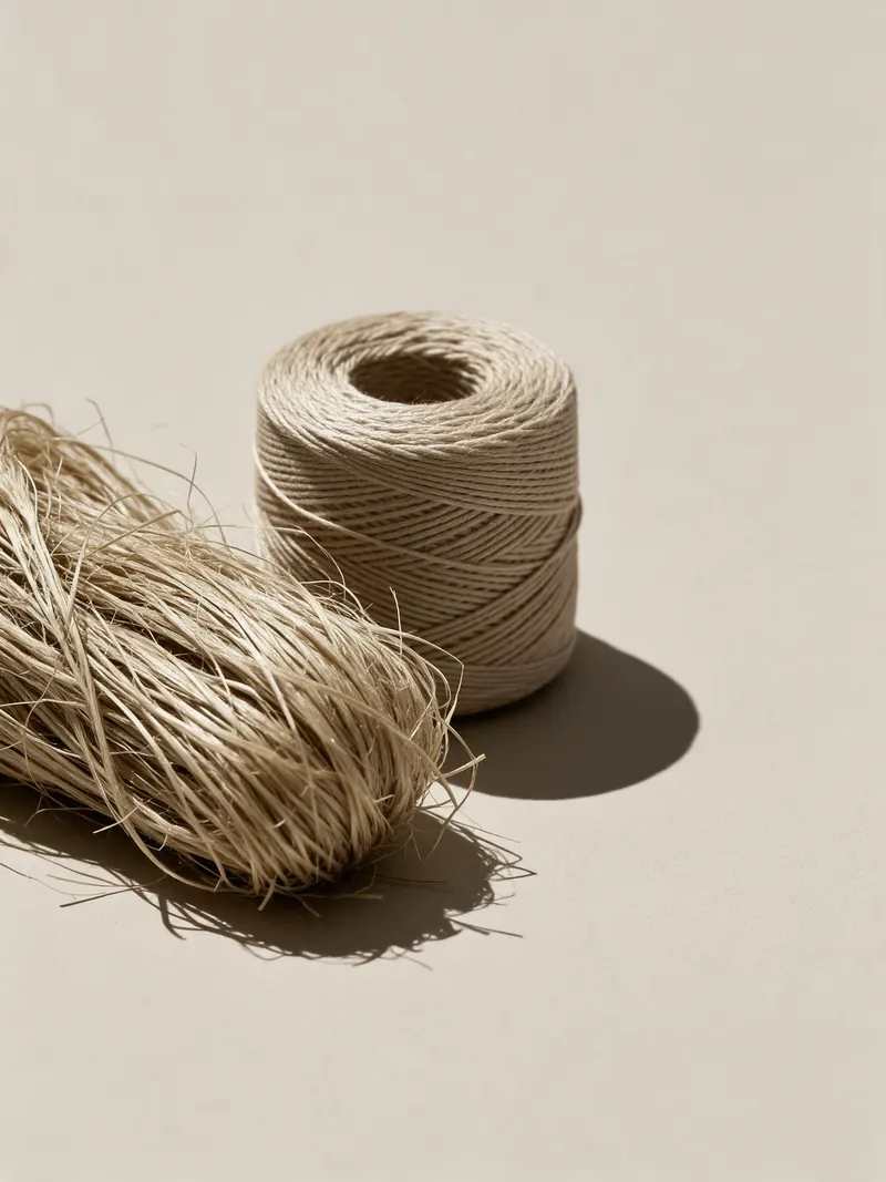Raw flax fibre and a spool of natural linen thread.