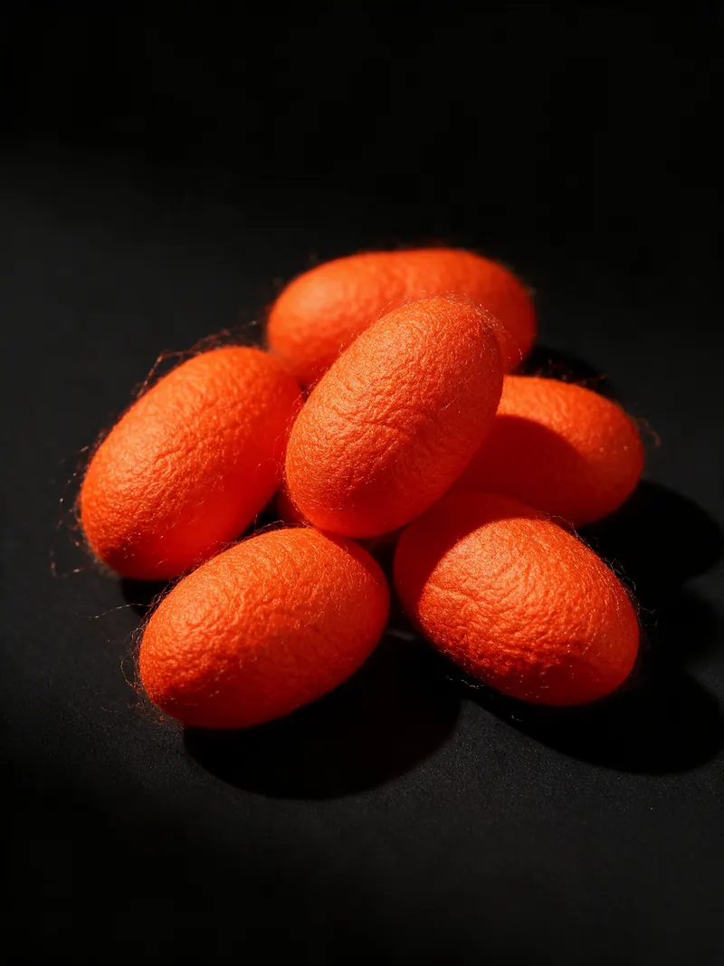 Raw orange silk cocoons on black.