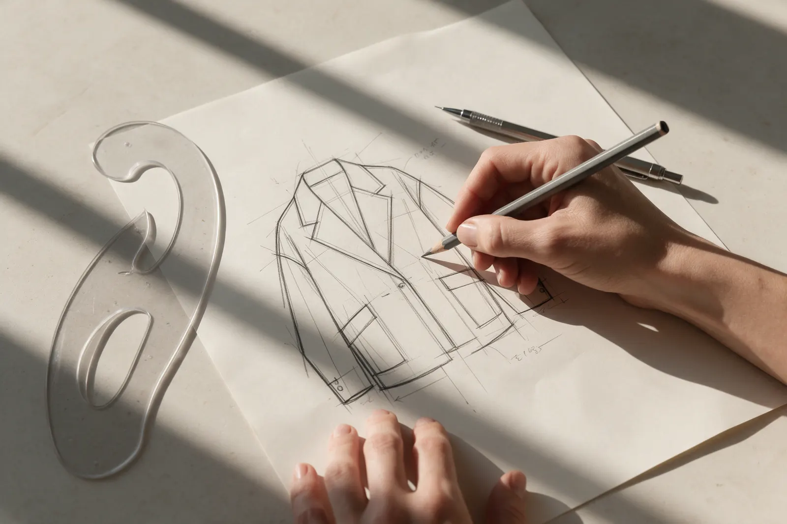 Overhead view of hands sketching an oversized jacket in graphite, a French curve ruler beside the paper.