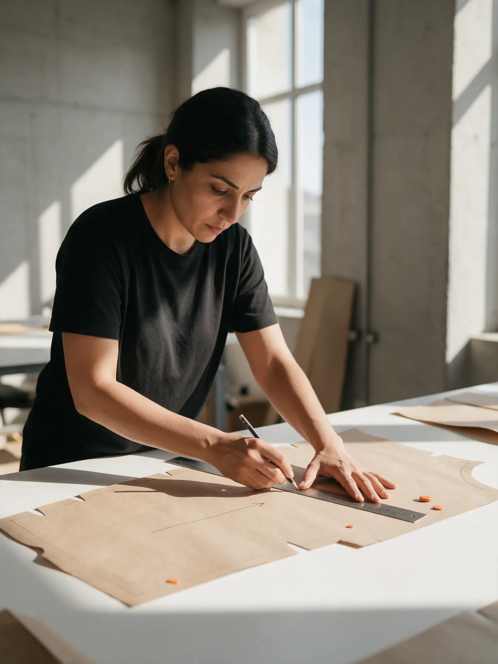 A pattern cutter traces a kraft-paper pattern piece on a long cutting table.