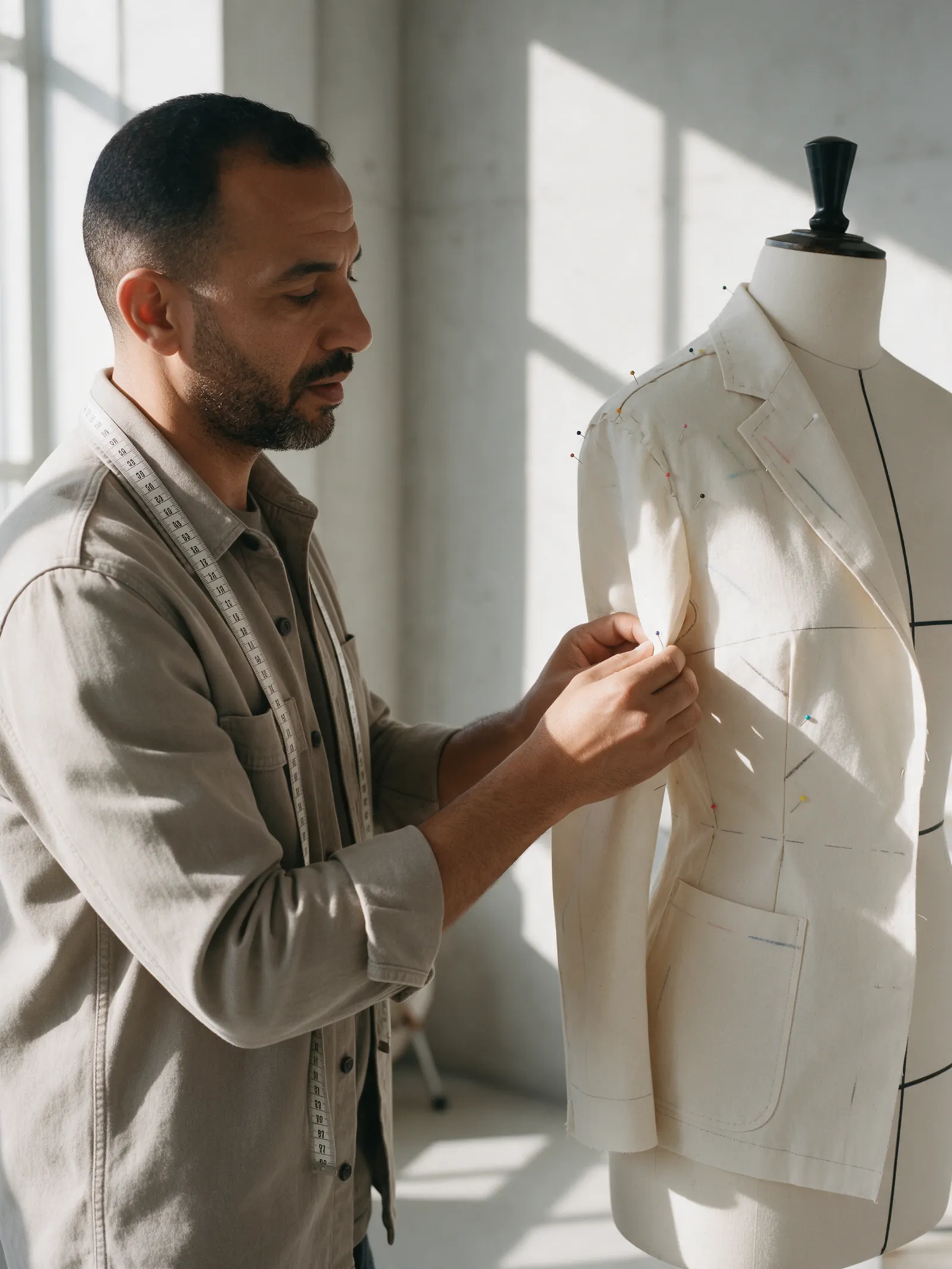 A developer pins a cream sample jacket on a dress form during a fitting.