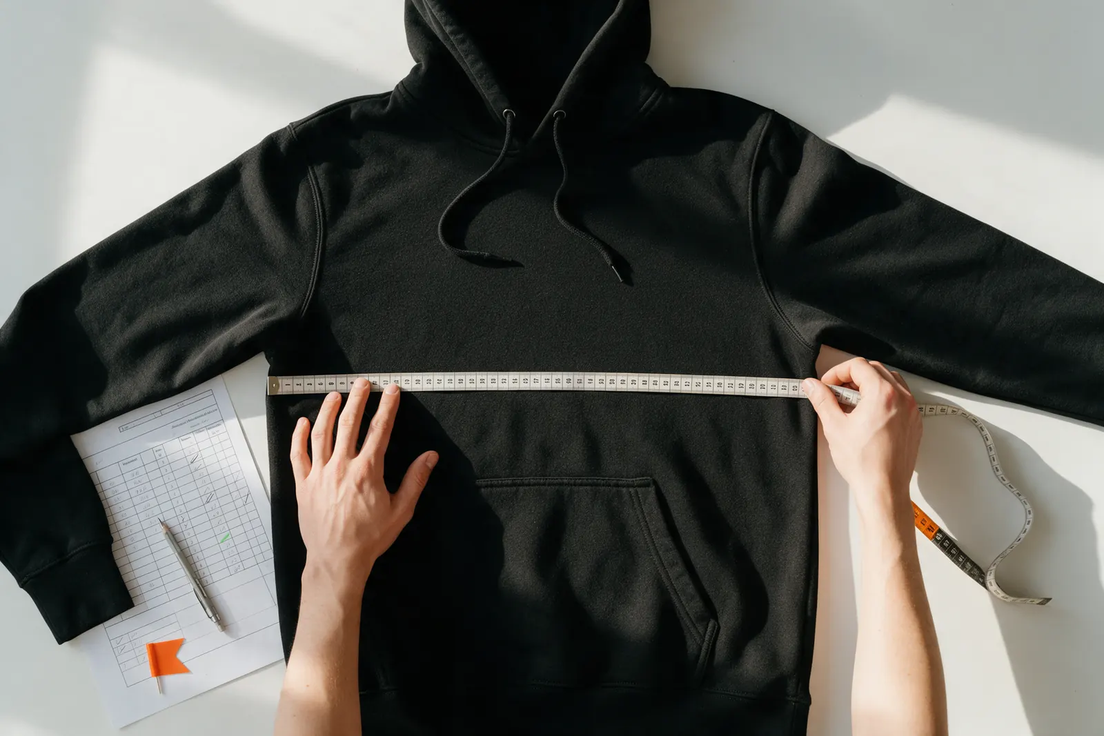 Hands measure a black hoodie with a tape measure beside a spec sheet.