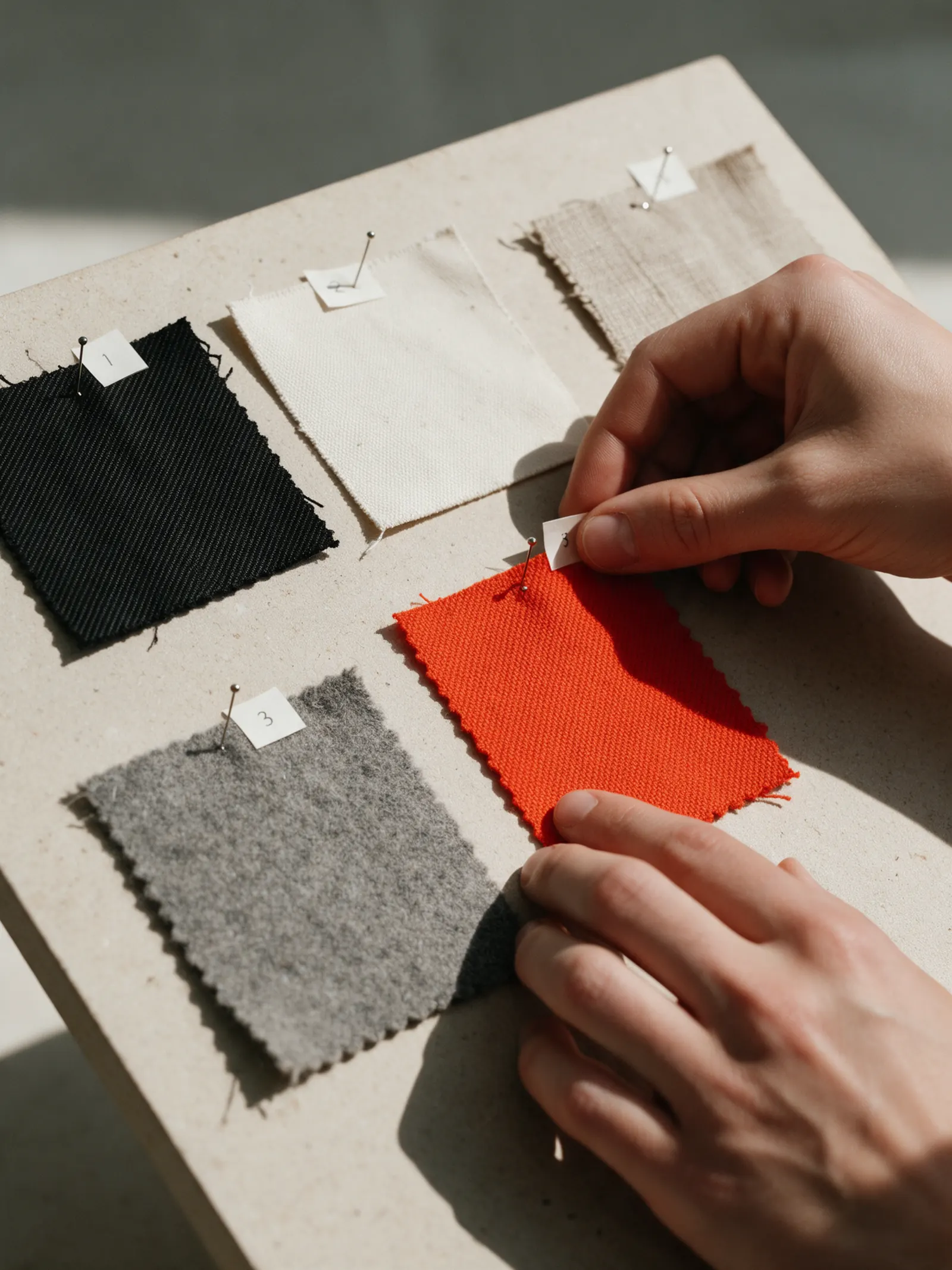 Hands arranging numbered fabric swatches, one in vivid orange.