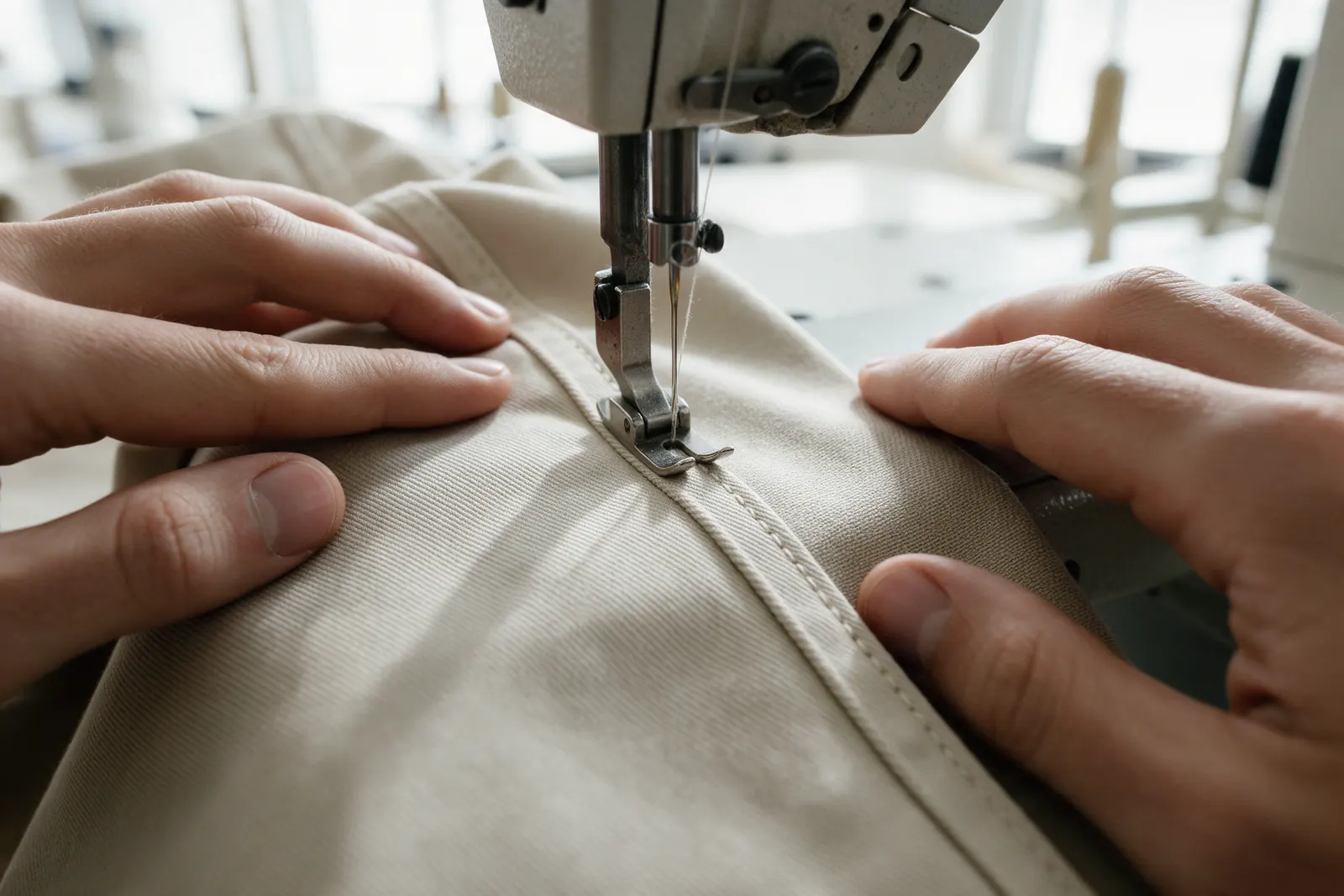 An industrial sewing machine stitches a seam on stone-coloured twill.