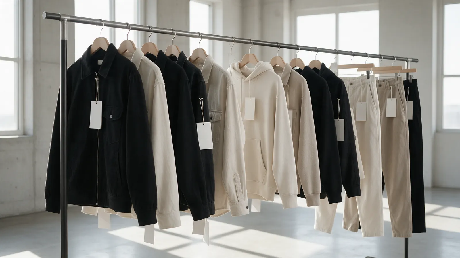 A long rail of tagged garment samples in black, off-white and stone.