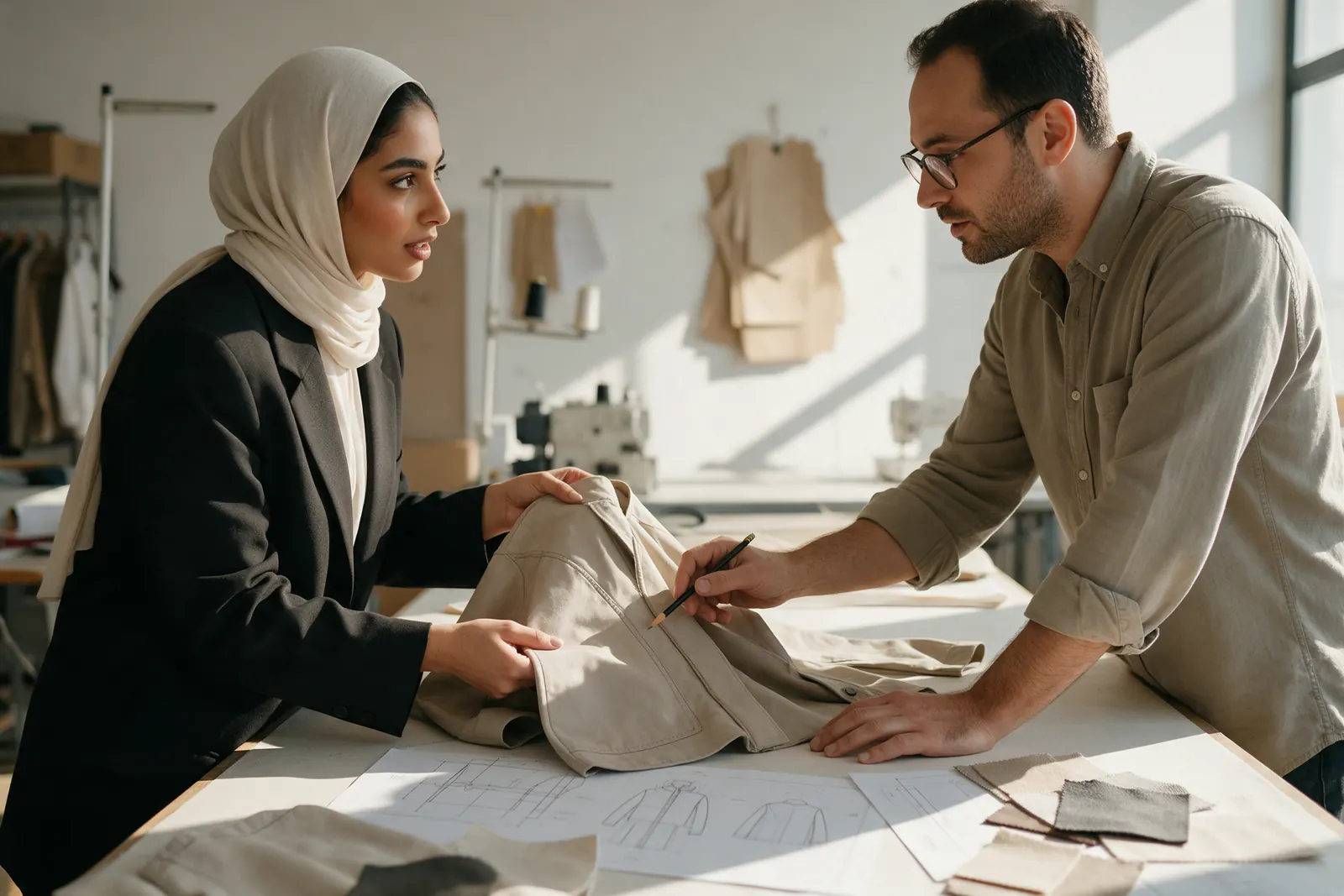 A founder and a garment technician review a stone-coloured sample jacket and technical drawings.
